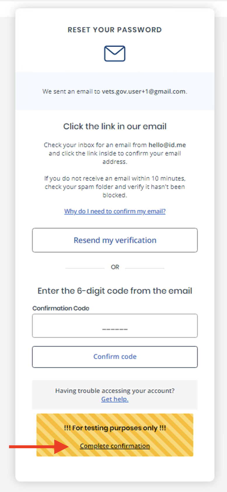 Screenshot of step 2 of the reset password process highlighting the Complete confirmation link at the very bottom of the window.