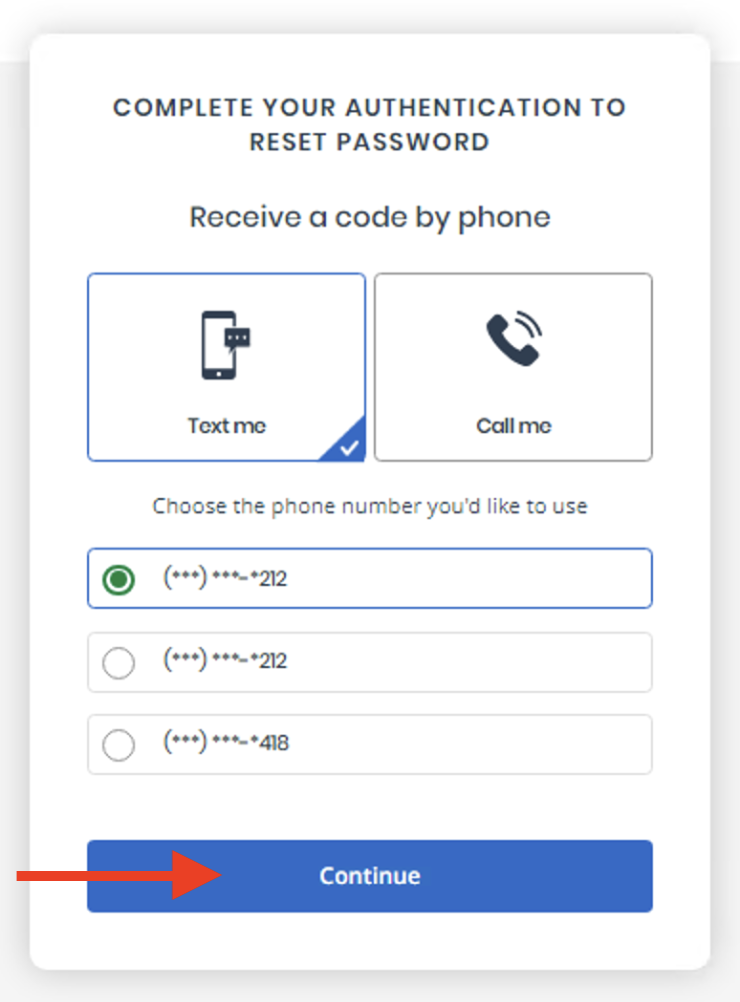Screenshot of the third step of resetting your password process highlighting the Continue link.