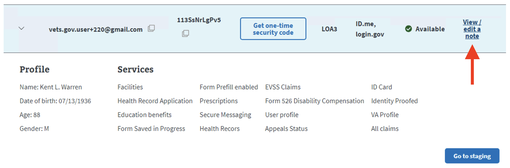 Screenshot of TUD showing an account row, highlighting the View or edit a note link.