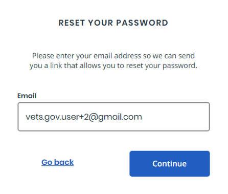 Screenshot of the Reset password window showing that you can paste the email address you just copied into the email field, then click continue.