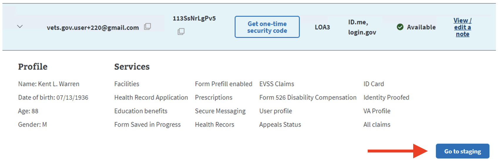 Screenshot of an open account row highlighting the Go to staging button.
