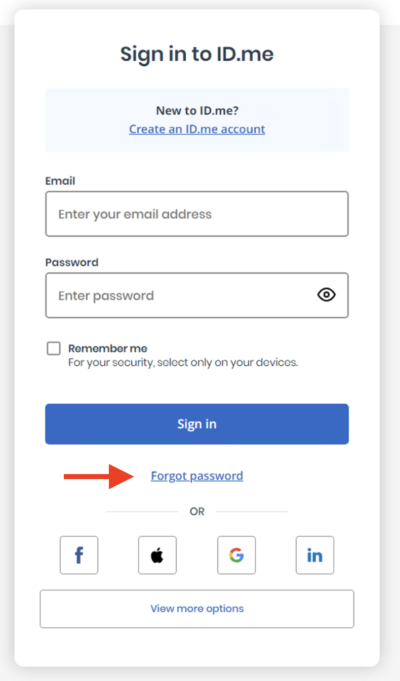 Screenshot of ID.me sign in page highlighting the Forgot password link.