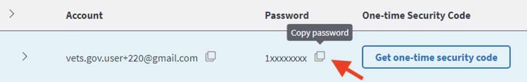 Screenshot of account row highlighting a copy icon after the password.