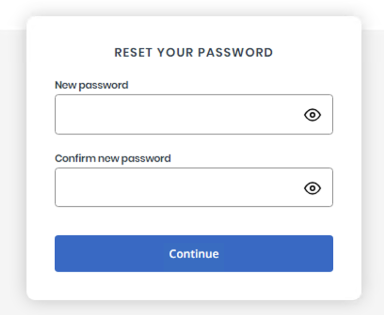 Screenshot of the final step of resetting your password process where you'll enter your new password and click Continue.