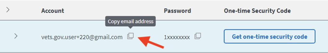 Screenshot of account row highlighting a copy icon after the email address.